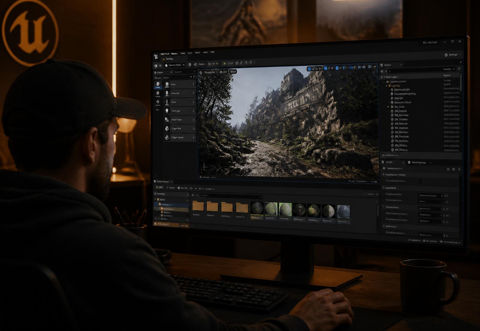 Game developer working in Unreal Engine on an OSHKO workstation